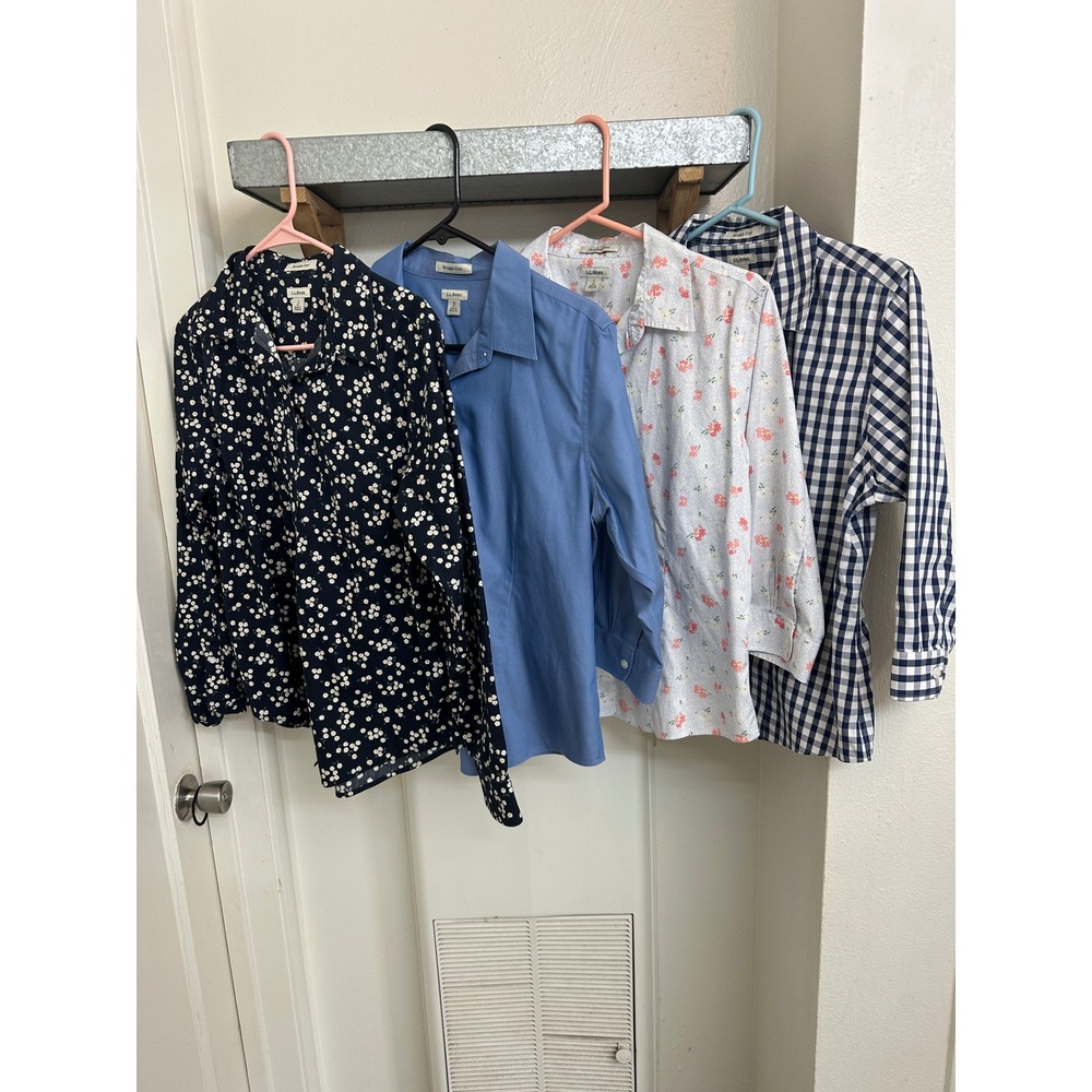 LL Bean Wrinkle Free Button Down Shirt Lot 4 Floral Gingham Blue Petite S M